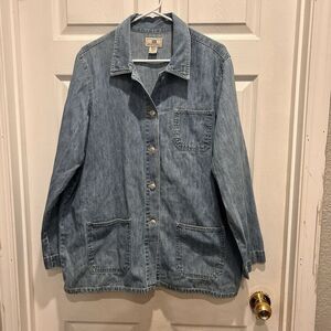 Vtg Maurices Women’s Large Denim Button‎ Front Long Shirt Chore Jacket Pockets